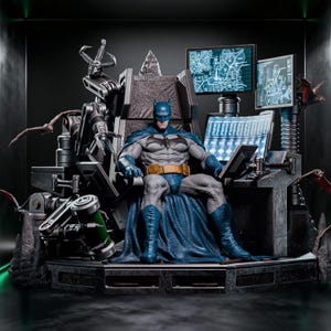 Op de afbeelding: Een gedetailleerd Batman-actiefiguur zittend op een donkere, mechanische troon. Het figuur draagt een grijs en blauw pak met een gele gereedschapsriem. De troon is voorzien van robotarmen, meerdere oplichtende computerschermen met kaarten en gegevens, en vleermuizen.