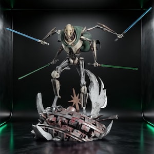 May include: A General Grievous action figure standing on a detailed debris base. The figure has four mechanical arms, each holding a lightsaber: two blue and two green. It wears a dark green cape around its shoulders and features a skeletal, metallic design with intricate plating and joints. The base includes a star-shaped emblem and weathered, broken structural elements.