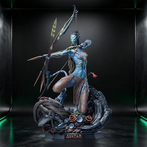 May include: A detailed figurine of a blue-skinned Na'vi warrior from the movie Avatar, kneeling and aiming a bow and arrow. The figure is adorned with intricate details, including tribal markings and a flowing tail. The base features the word "AVATAR".