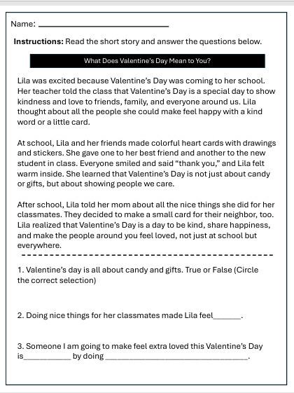 Valentines Day Reading Comprehension Worksheet: Teach 1st and 2nd ...