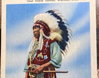 Winnebago Chief Yellow Thunder postcard, Vintage Native Americana postcard, Full color postcard of only Indian ever inducted into white race