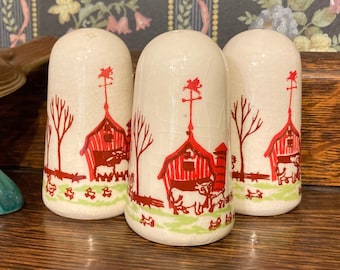 Farmhouse salt and pepper ceramic shakers circa 1950s,  Set of three vintage cottagecore Carter Hoffman shakers with cows, cats & ducks
