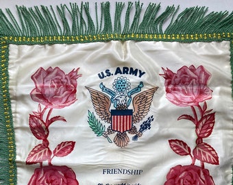 WWII fringed pillow sham with poem commemorating friendship, Unused vintage WWII pillow sham from Ft Lewis Washington with roses and poem