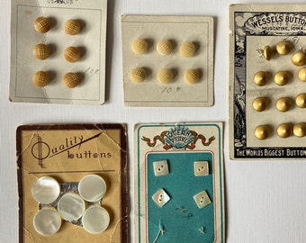 Five mixed cards of antique buttons, most in pristine condition, Antique 10s and 20s MOP, bakelite & metallic buttons, most with shanks