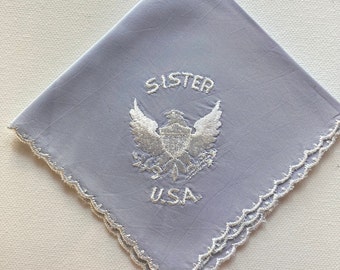 WWII USAF Sister handkerchief, Blue-gray 8.5" Air Corps hankie honoring Sister, WWII military memorabilia pocket square for sister of airman