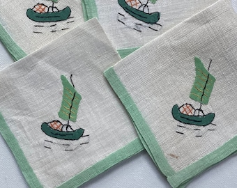 Linen napkins circa 1940s, Set of 4 appliquéd little green boat napkins, Bridge or tea party napkins with charming countrycore aesthetic