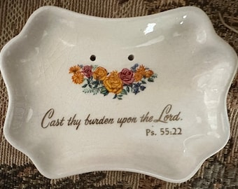 Cast thy burden upon the Lord Ps 55:22, Lovely crackled circa 1940s ceramic wall hanging or little dish for your Christian cross necklace