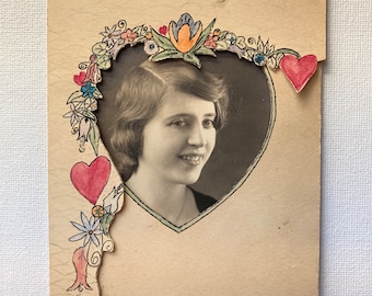 1930s Heart Sister photo in paper frame decorated with hearts & flowers, Female friendships, Sisterhood, Christian friends, Instant Ancestor