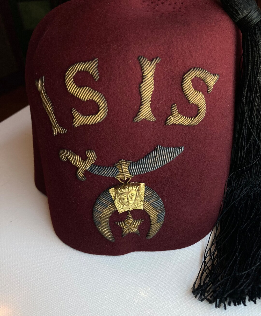 Circa 1950s Masonic Isis Shriner Burgundy Wool Fez Hat, Kansas Isis