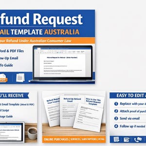 Może przedstawiać: Reklama cyfrowa dla "Refund Request Email Template Australia". Obraz zawiera laptopa i tablet wyświetlające szablon, wraz z dokumentami i ikonami. Szablon zawiera edytowalne pliki Word i PDF, bonusowy e-mail z przypomnieniem i łatwy przewodnik.