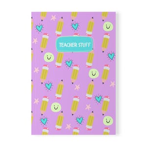 May include: A rectangular notebook with a light purple cover featuring a repeating pattern of yellow pencils, teal hearts, pink stars, and light green smiley faces. A central teal rectangular label displays the text TEACHER STUFF.