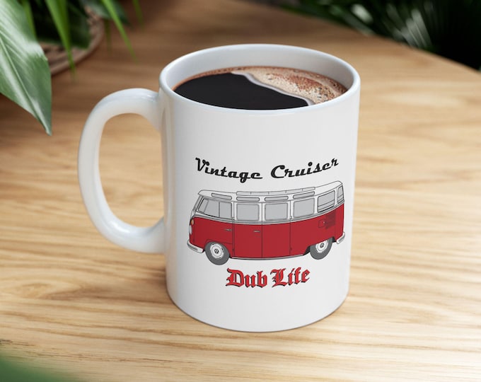 Vintage Red VW Bus Camper Mug | Retro Campervan Illustration, Travel Camper