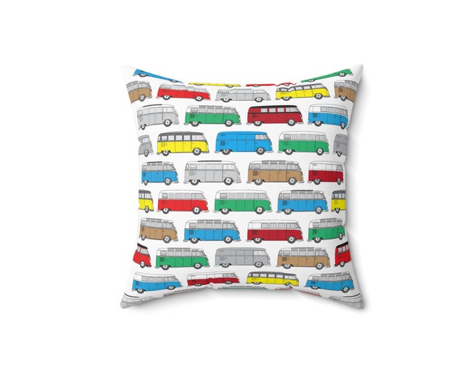 Retro VW Camper Bus Pattern Pillow | Colorful Vintage Van Throw Pillow