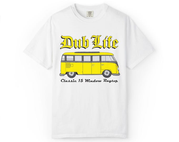 Dub Life VW 15 Window Bus T-shirt | Vintage Yellow Camper Van Illustration