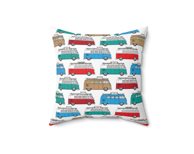 Retro Camper Van Pattern Pillow | Colorful Vintage Bus Throw Pillow