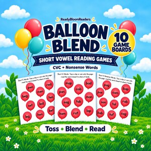 May include: Educational game set titled Balloon Blend featuring 10 game boards for short vowel reading practice. The boards display red balloon graphics with CVC and nonsense words. The design includes colorful balloons and a grassy field background.
