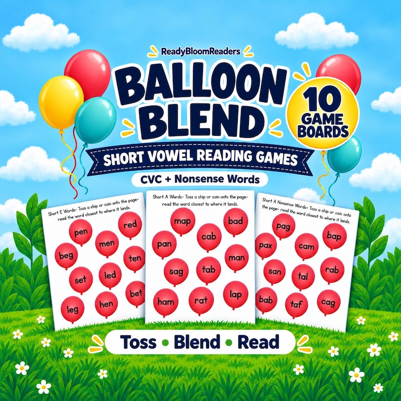 May include: Educational game set titled Balloon Blend featuring 10 game boards for short vowel reading practice. The boards display red balloon graphics with CVC and nonsense words. The design includes colorful balloons and a grassy field background.