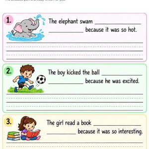 May include: A worksheet titled Stretch a Sentence Level 1 featuring three exercises. Each section includes a colorful illustration of an elephant, a boy kicking a soccer ball, or a girl reading a book, followed by fill-in-the-blank sentence prompts.