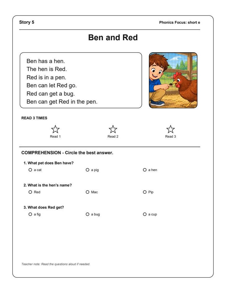 May include: A phonics worksheet titled Story 5 Ben and Red with a short e focus. It includes a short story about a boy and a hen, three star icons for reading practice, and a three-question comprehension section with multiple-choice circles.