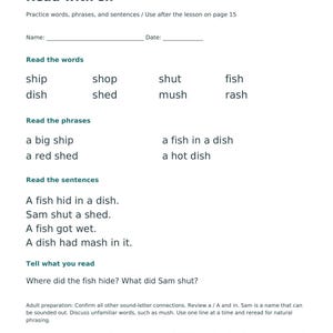 May include: A white educational worksheet titled Read with sh from the ReadyBloomReaders Next Steps Toolkit K-2. The page includes sections for reading words, phrases, and sentences containing the sh sound, plus comprehension questions and teacher notes.