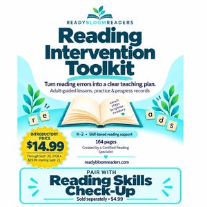 May include: A Reading Intervention Toolkit educational resource featuring an open book graphic, the text ReadyBloomReaders, Reading Intervention Toolkit, Turn reading errors into a clear teaching plan, small steps brighter readers, and K-2 skill-based reading support.