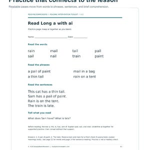 May include: A white educational practice page titled Read Long a with ai from ReadyBloomReaders. The document includes sections for reading words, phrases, and sentences, along with comprehension questions and teacher instructions for student-facing practice.