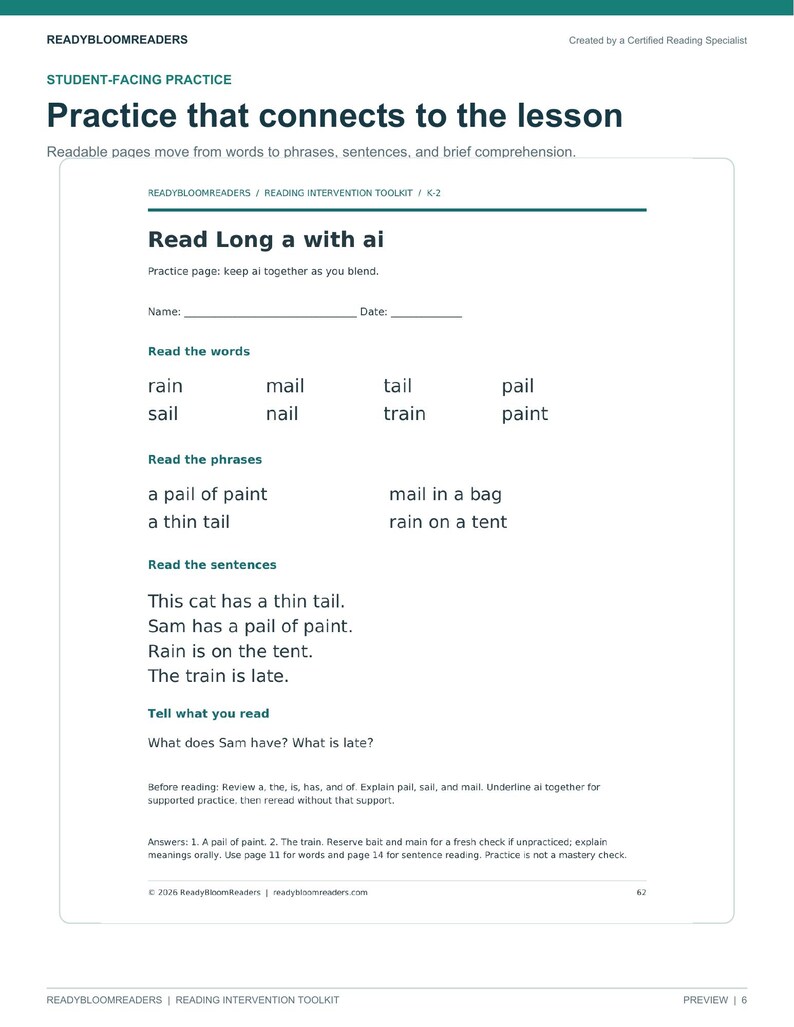 May include: A white educational practice page titled Read Long a with ai from ReadyBloomReaders. The document includes sections for reading words, phrases, and sentences, along with comprehension questions and teacher instructions for student-facing practice.