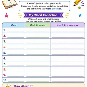 May include: A Word Collector educational worksheet featuring a title, a space for name and date, an open book illustration, and a yellow pencil. It includes a table with columns for Word, What it means, and Use it in a sentence, plus a Think About It section.