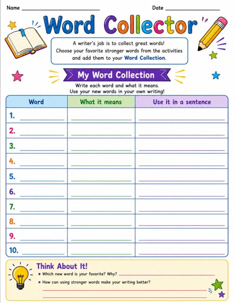 May include: A Word Collector educational worksheet featuring a title, a space for name and date, an open book illustration, and a yellow pencil. It includes a table with columns for Word, What it means, and Use it in a sentence, plus a Think About It section.