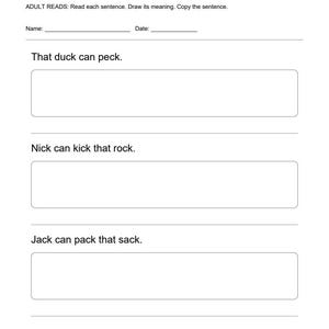 May include: A black and white educational worksheet titled READYBLOOMREADERS Read, Draw & Write: ck. It includes instructions for adults, name and date lines, and three sentences: That duck can peck, Nick can kick that rock, and Jack can pack that sack.