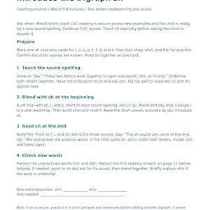 May include: A white educational document titled Introduce the Digraph sh, part of the ReadyBloomReaders Next Steps Toolkit. The page outlines a teaching routine for the sh sound, including steps to teach, blend, and check new words like ship and fish.