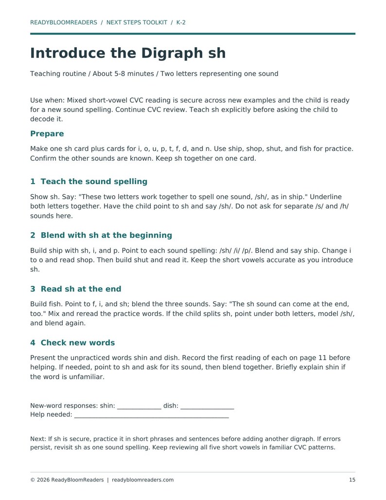 May include: A white educational document titled Introduce the Digraph sh, part of the ReadyBloomReaders Next Steps Toolkit. The page outlines a teaching routine for the sh sound, including steps to teach, blend, and check new words like ship and fish.