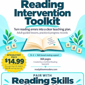 May include: A Reading Intervention Toolkit educational resource featuring an open book with the text small steps brighter readers, surrounded by green leaf illustrations, wooden letter tiles, and the website readybloomreaders.com on a light blue background.