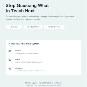 May include: A digital document titled Reading Intervention Toolkit by ReadyBloomReaders. It features the text Stop Guessing What to Teach Next, 164 pages, K-2 intervention, and a three-step system: 01 Notice, 02 Teach, and 03 Recheck for reading support.