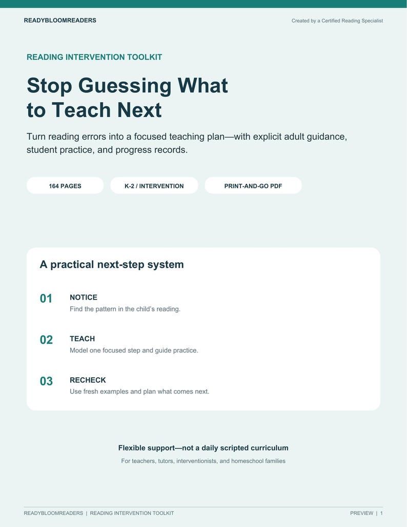 May include: A digital document titled Reading Intervention Toolkit by ReadyBloomReaders. It features the text Stop Guessing What to Teach Next, 164 pages, K-2 intervention, and a three-step system: 01 Notice, 02 Teach, and 03 Recheck for reading support.