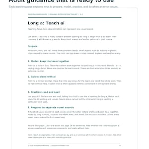 May include: A white educational document titled ReadyBloomReaders Reading Intervention Toolkit K-2. The page focuses on teaching the long a sound using the ai spelling, providing instructions for preparation, modeling, guiding, and practicing.