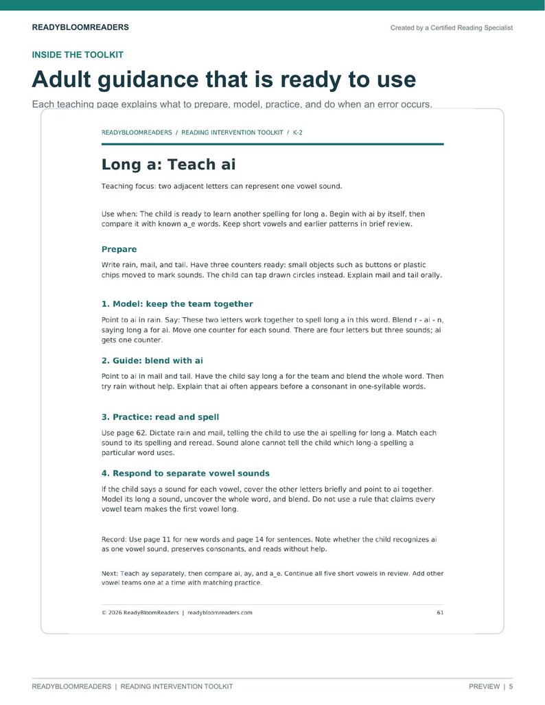 May include: A white educational document titled ReadyBloomReaders Reading Intervention Toolkit K-2. The page focuses on teaching the long a sound using the ai spelling, providing instructions for preparation, modeling, guiding, and practicing.
