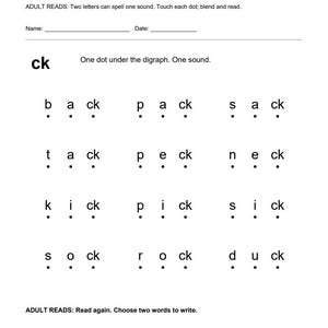 May include: A black and white educational worksheet titled Read ck Words by READYBLOOMREADERS. It features instructions for adults, name and date lines, and a list of words ending in ck, each with dots below letters to guide blending and reading.