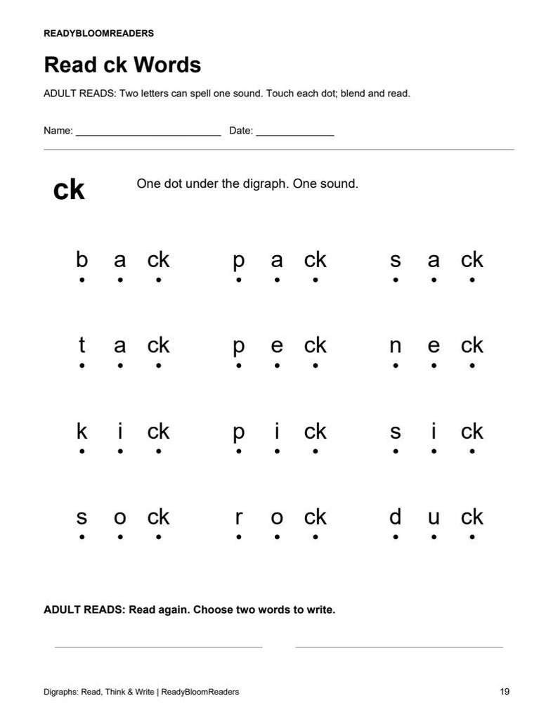 May include: A black and white educational worksheet titled Read ck Words by READYBLOOMREADERS. It features instructions for adults, name and date lines, and a list of words ending in ck, each with dots below letters to guide blending and reading.