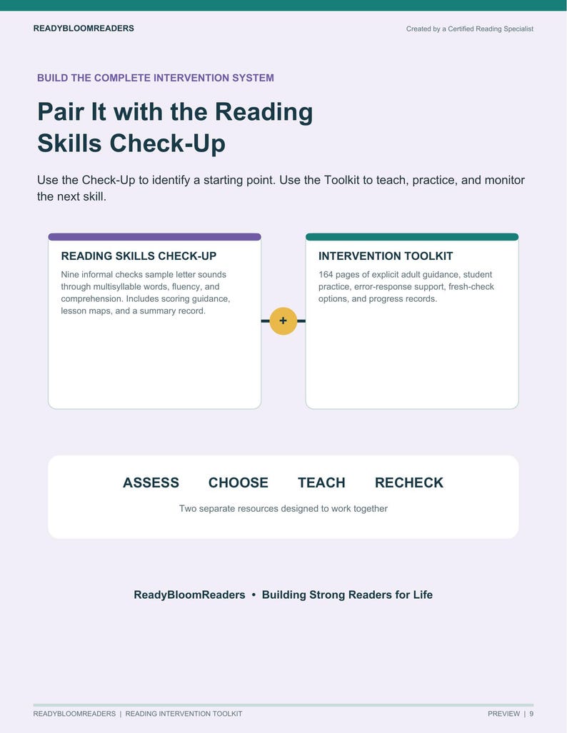 May include: An educational document titled Pair It with the Reading Skills Check-Up, featuring two boxes labeled Reading Skills Check-Up and Intervention Toolkit, with a central plus sign and the words Assess, Choose, Teach, Recheck below.
