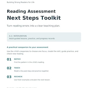 May include: A white document titled Reading Assessment Next Steps Toolkit by READYBLOOMREADERS. It outlines a K-2 intervention plan with three steps: 01 Notice, 02 Teach, and 03 Recheck, designed to turn reading errors into a clear teaching plan.