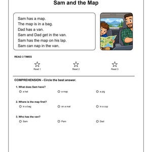 May include: A phonics worksheet titled Sam and the Map with a short story, a cartoon illustration of a child and adult in a van, three star icons for reading practice, and three multiple-choice comprehension questions about the story content.