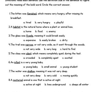 May include: A black and white educational worksheet titled Definition Context Clues - Practice I. It contains eight numbered sentences with bolded words and multiple-choice options for students to identify meanings based on context clues provided.