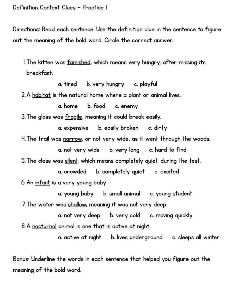 May include: A black and white educational worksheet titled Definition Context Clues - Practice I. It contains eight numbered sentences with bolded words and multiple-choice options for students to identify meanings based on context clues provided.