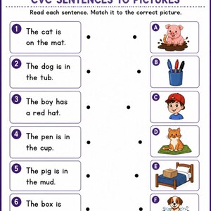 May include: An educational worksheet titled READ AND MATCH CVC SENTENCES TO PICTURES. It features six numbered sentences to be matched with six lettered illustrations, including a cat on a mat, a dog in a tub, a boy with a red hat, pens in a cup, a pig in mud, and a box on a bed.