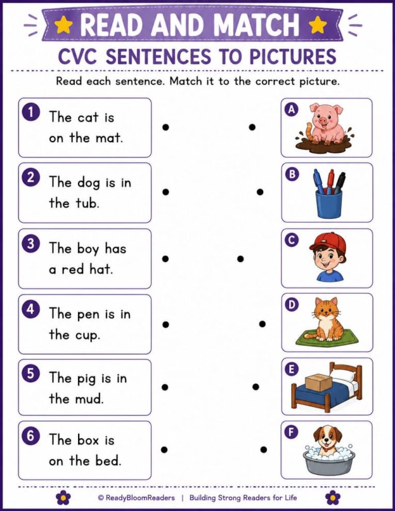 May include: An educational worksheet titled READ AND MATCH CVC SENTENCES TO PICTURES. It features six numbered sentences to be matched with six lettered illustrations, including a cat on a mat, a dog in a tub, a boy with a red hat, pens in a cup, a pig in mud, and a box on a bed.