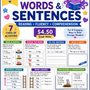 May include: An educational worksheet titled CVC WORDS & SENTENCES featuring a purple octopus reading a book. It includes seven activity sections: Read & Match, Choose the Word, Fix the Sentence, Read & Draw, Sentence Ladders, Word Ladders, and Mini Reading & Comprehension. The page is designed for kindergarten and first grade students, created by ReadyBloomReaders.
