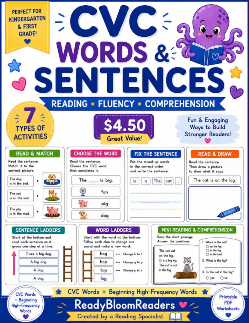 May include: An educational worksheet titled CVC WORDS & SENTENCES featuring a purple octopus reading a book. It includes seven activity sections: Read & Match, Choose the Word, Fix the Sentence, Read & Draw, Sentence Ladders, Word Ladders, and Mini Reading & Comprehension. The page is designed for kindergarten and first grade students, created by ReadyBloomReaders.