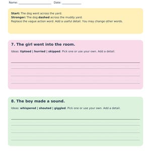 May include: A white educational worksheet titled Choose a stronger action, Level 3, Precise Words 1 of 3. It includes fields for Name and Date, a yellow box with an example, and two pink and green sections with writing prompts for sentences.