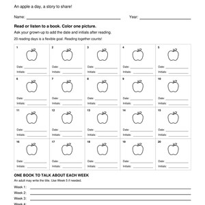 May include: A black and white reading log titled SEPTEMBER with the text An apple a day, a story to share! It features a grid of twenty numbered boxes, each containing an apple outline, lines for date and initials, and a section for weekly book titles.